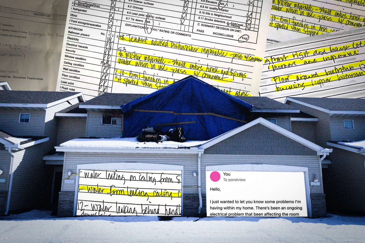 A stylized image showing a house with a blue tarp over part of the roof, inspection documents are layered below the image.